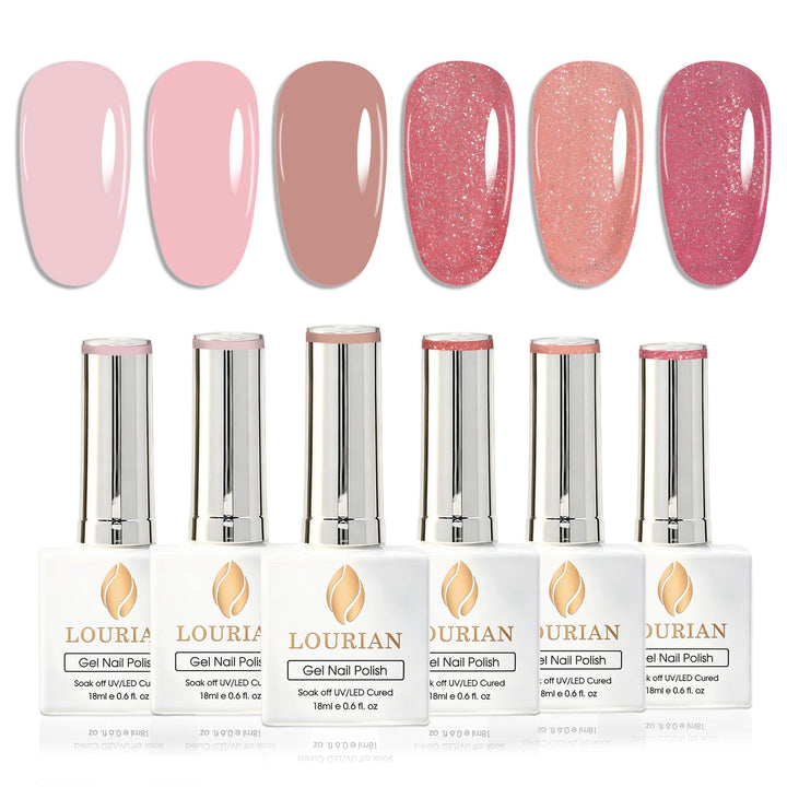 6 * 18ml | Lot de 6 vernis à ongles gel couleurs naturelles et pailletées