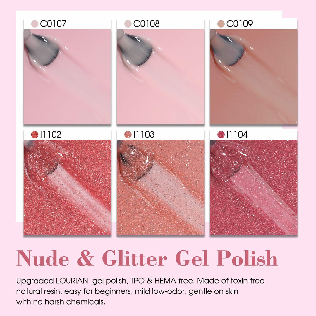 6 * 18ml | Lot de 6 vernis à ongles gel couleurs naturelles et pailletées