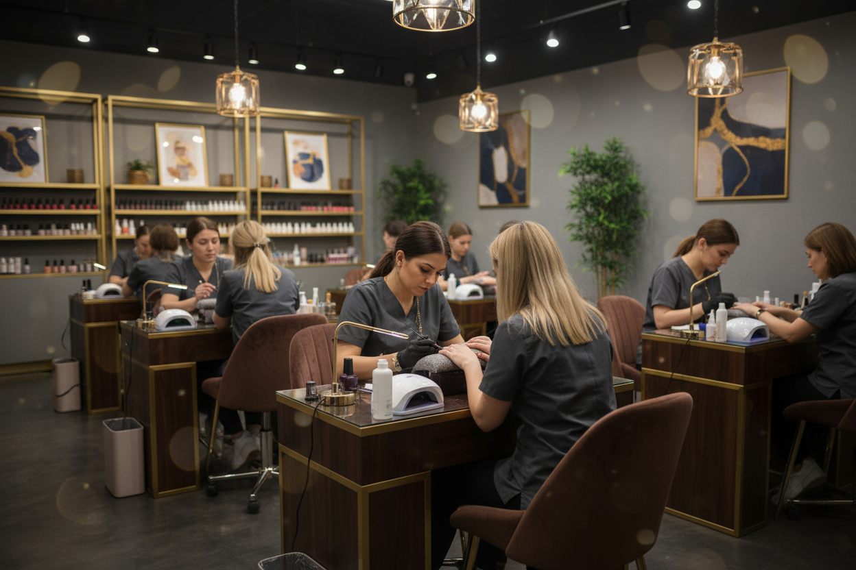 适合黑底文字的背景图，然后最好是很多美甲师在给顾客做美甲的画面