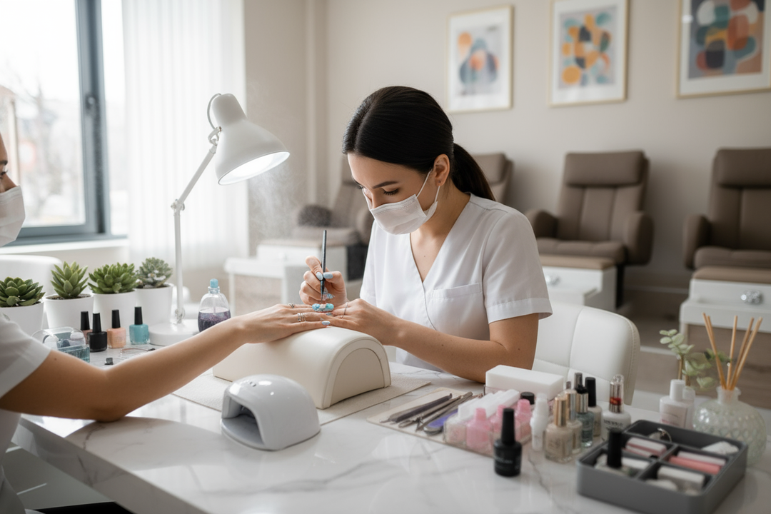 沙龙美甲师正在给客户做美甲